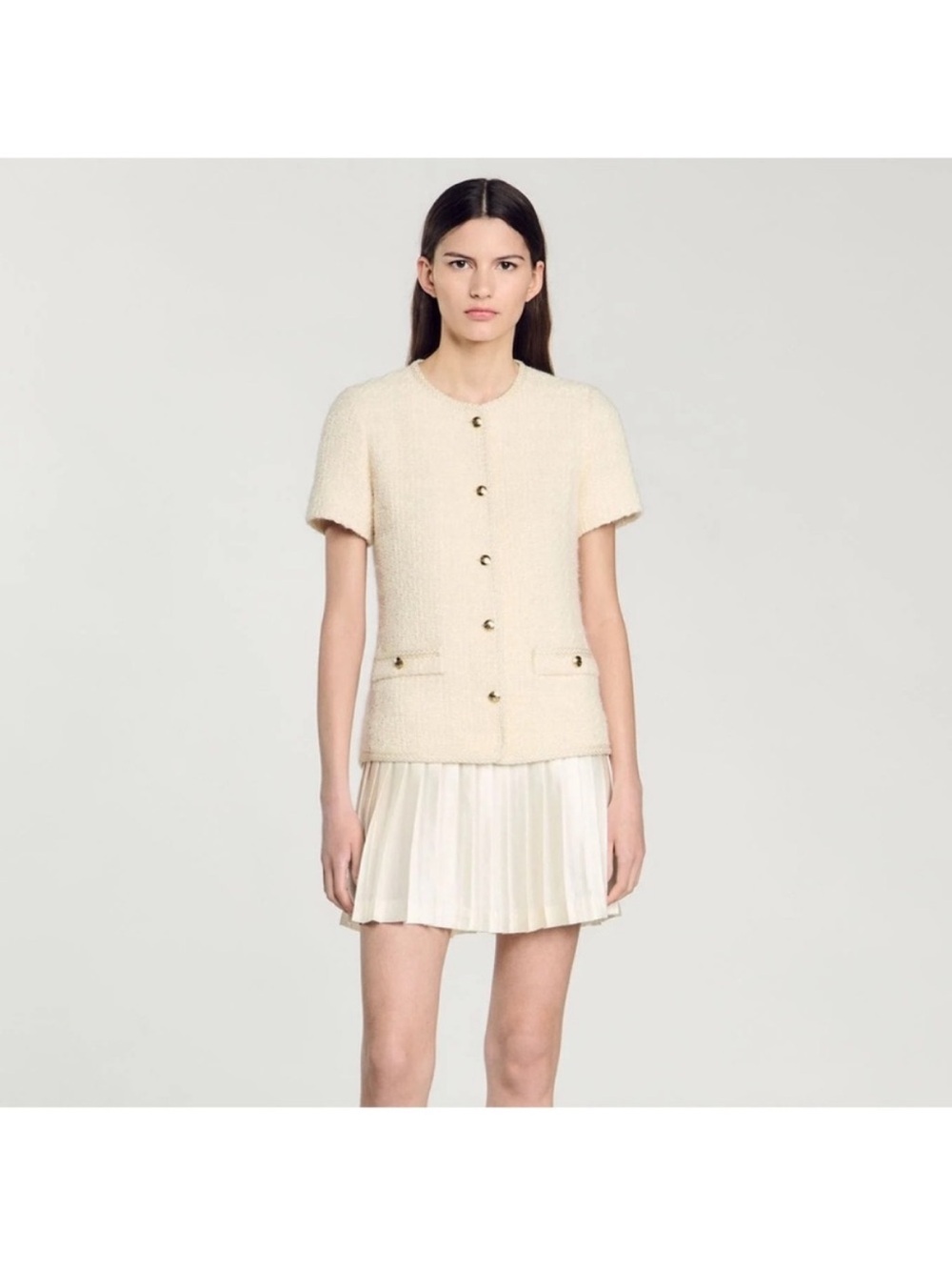 Sandro Cream Tweed Short-Sleeve Jacket with Gold Buttons 8 - Picture 5 of 11